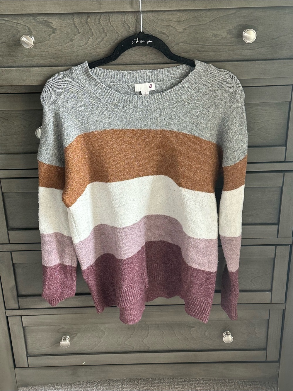 SO Striped Crewneck Sweater in Grey, Rust, Cream & Dusty Pink